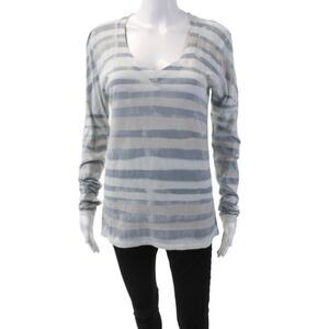 Marika Charles Womens Cotton Long Sleeve V-neck Stripped Top Blue Size 02